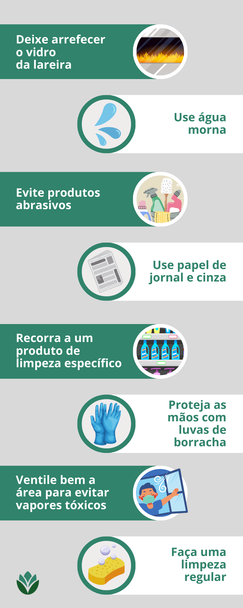 Infográfico com dicas sobre como limpar o vidro da lareira