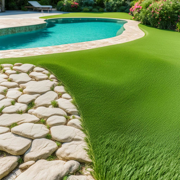 Tipo de relva natural Bermuda num jardim junto à piscina, com um caminho de pedras.