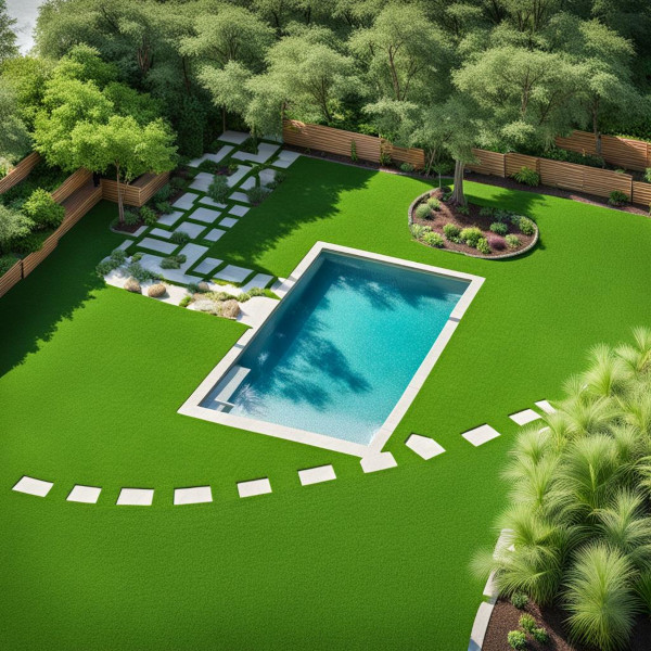Tipo de relva natural Zoysia num jardim junto à piscina ao centro, com um caminho de pedras e árvores em volta.