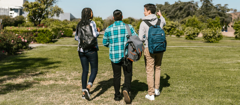 Três jovens, dois rapazes e uma rapariga de tranças, de mochilas às costas e a conversarem sobre abandono escolar num parque relvado.