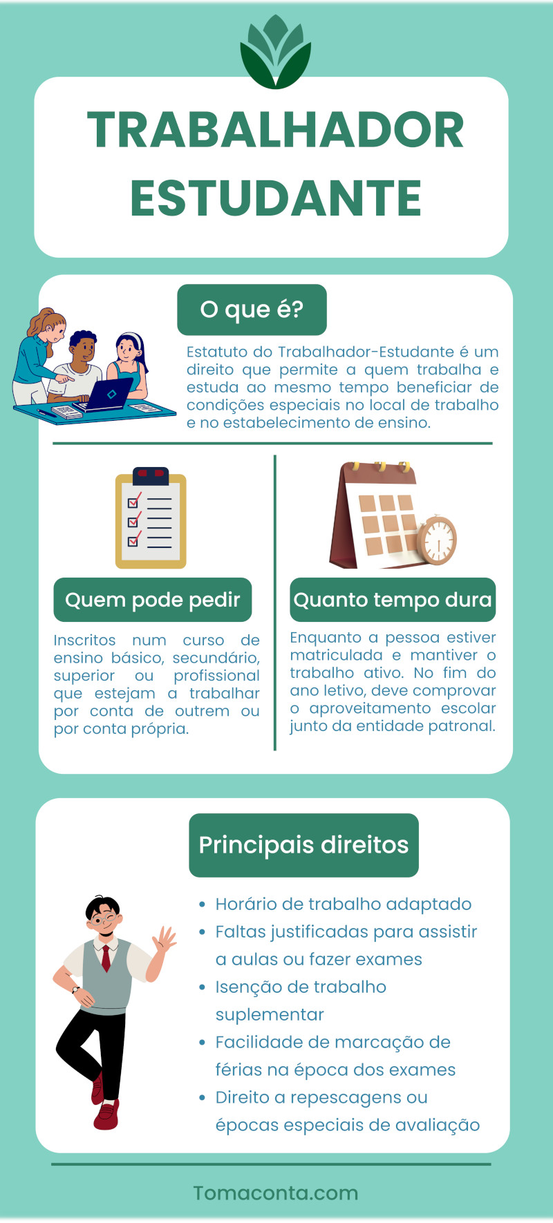 Infográfico sobre o estatuto do trabalhador-estudante.