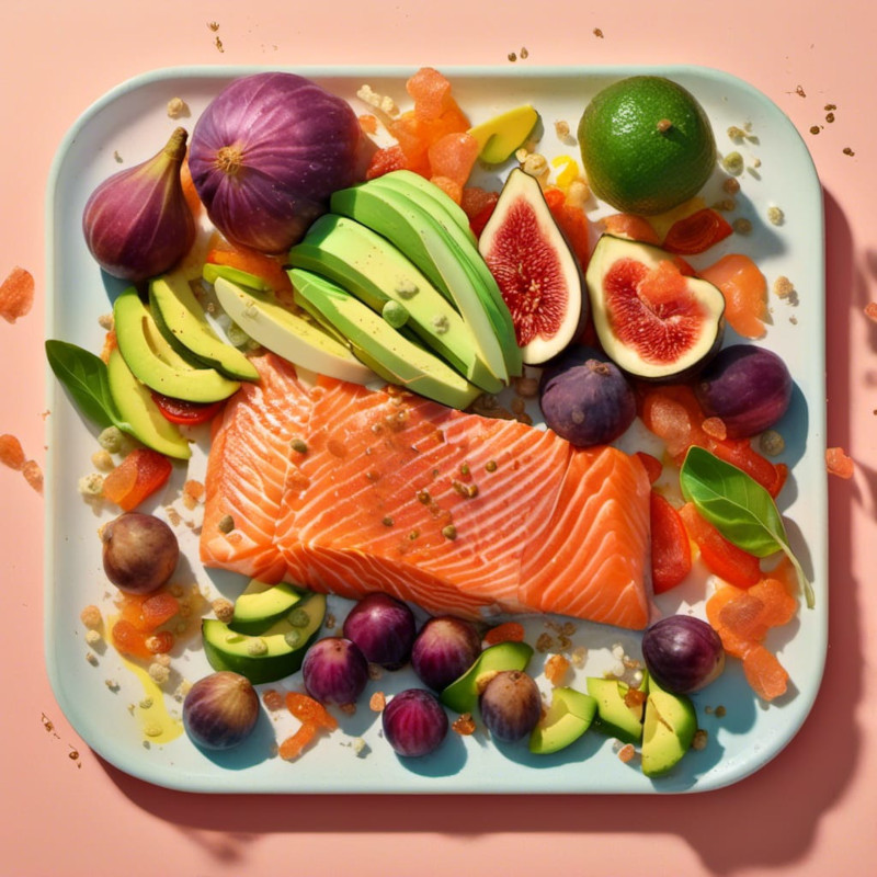 Prato de comida com posta de salmão ao centro e com vários alimentos com magnésio ao lado, como figos e abacate.