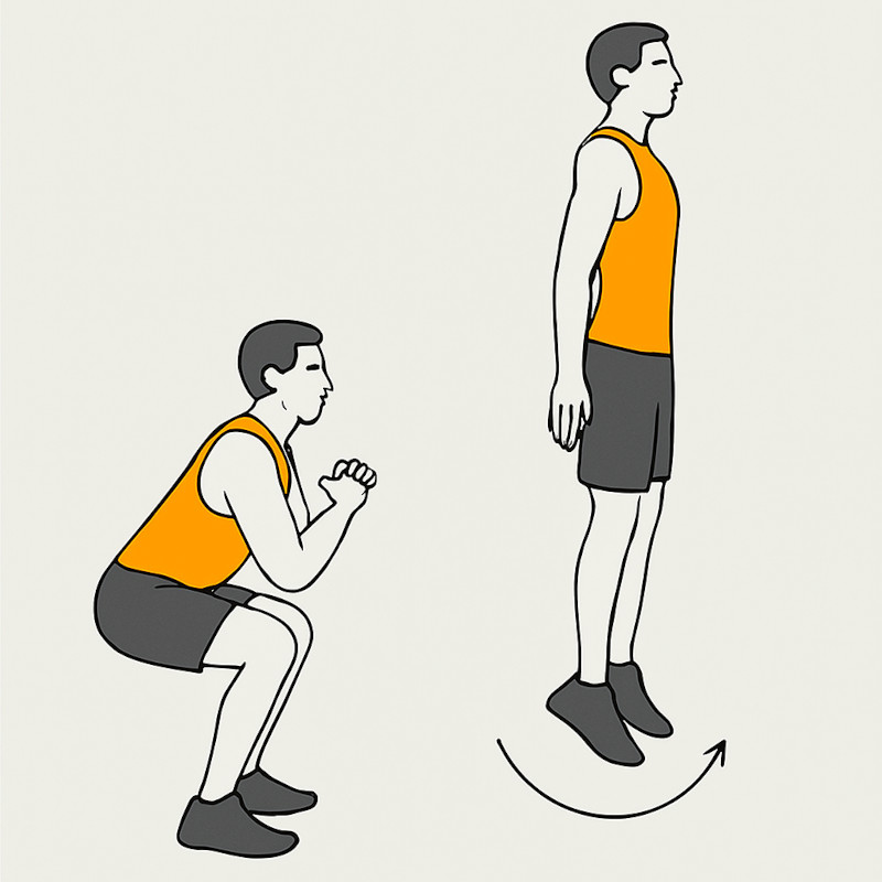 Desenho com figura de homem de camisola laranja a fazer agachamento com salto durante treino Tabata.