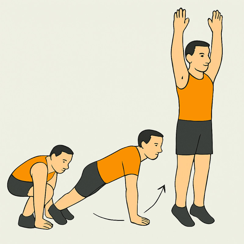Desenho com figura de homem de camisola laranja a fazer o movimento dos burpees durante treino Tabata.