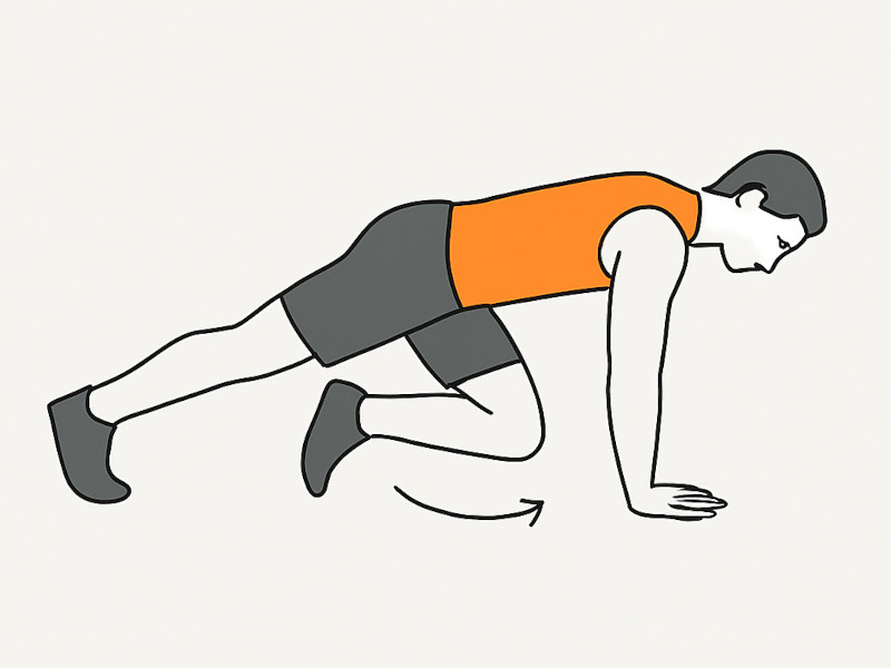 Desenho com figura de homem de camisola laranja a fazer o movimento dos montain climbers durante treino Tabata.