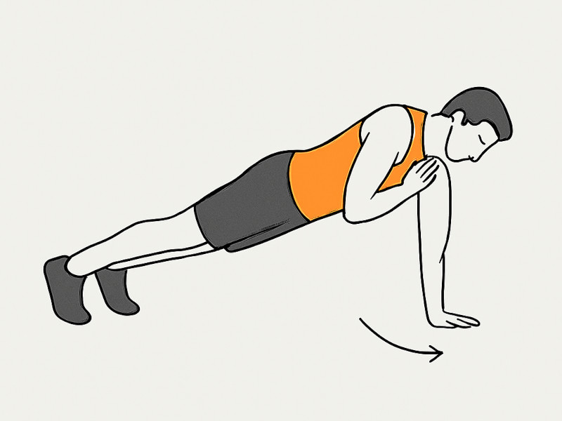 Desenho com figura de homem de camisola laranja a fazer a prancha com toque no ombro durante treino Tabata.
