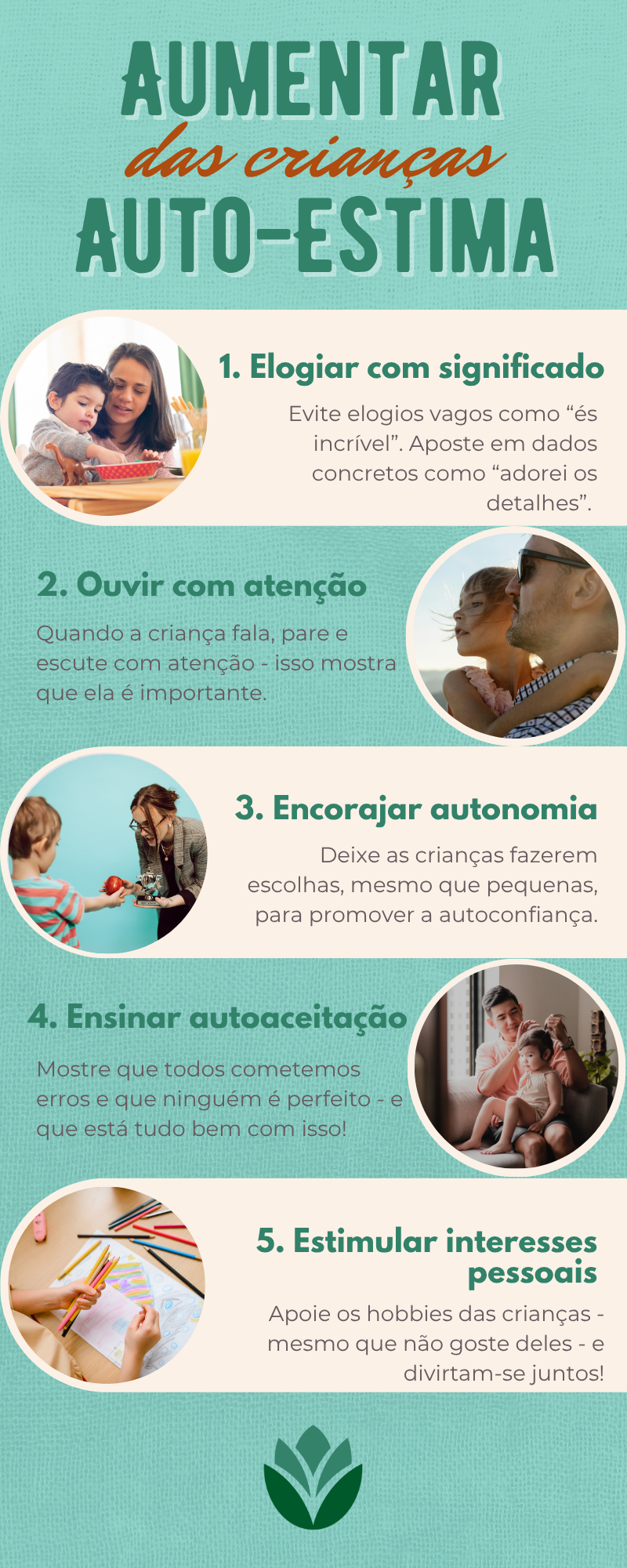 Infográfico com cinco dicas sobre como aumentar a autoestima das crianças.